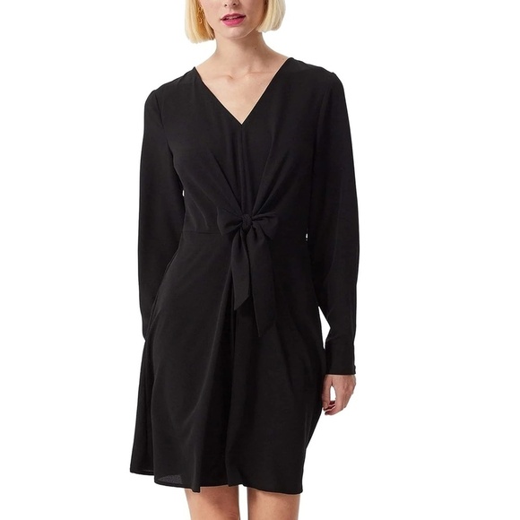 Vila Clothes Black Dress Fit & Flare Long Sleeve Bow Tie and Button Skirt Plunge - Picture 12 of 16